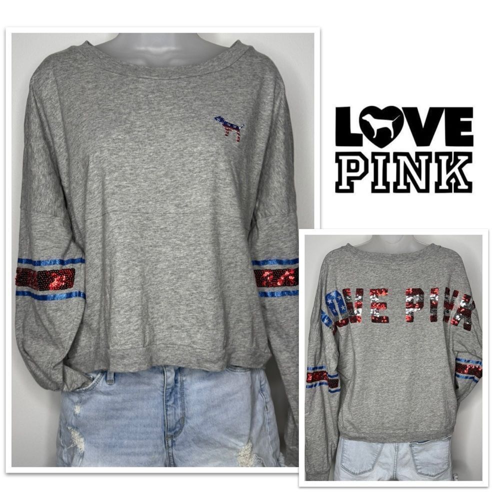 Victoria's Secret PINK “LOVE PINK” Sequin Patriotic Long-Sleeve Tee. Size Small - Picture 4 of 13